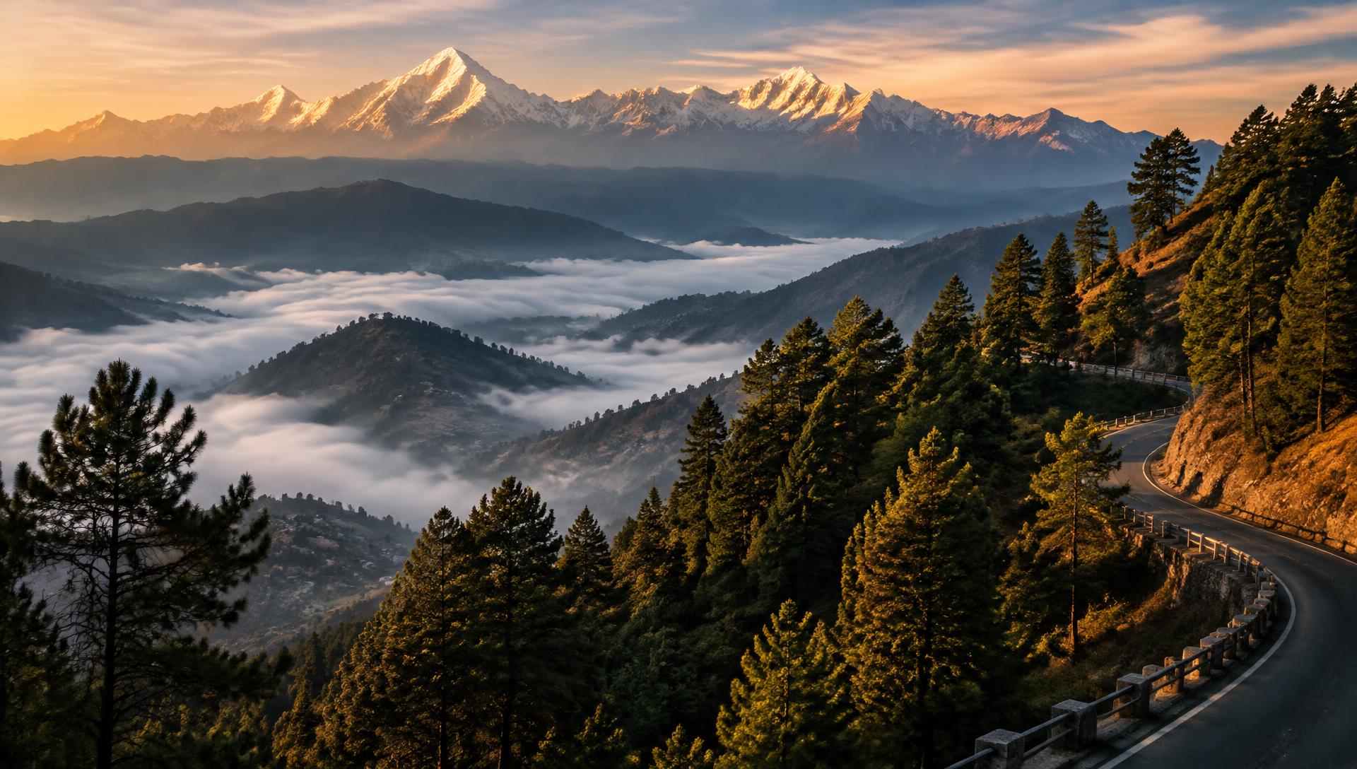 Snow-capped Uttarakhand Himalayas above a misty valley and winding mountain road